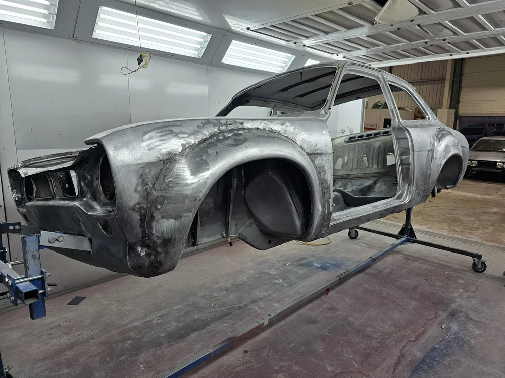 Classic Ford Escort — bare-metal restoration in progress
